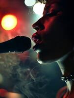 ai generado un mujer es canto dentro un micrófono con fumar viniendo fuera de su boca foto