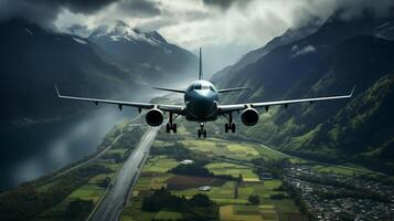 AI generated the plane moves along the runway in a mountainous area photo