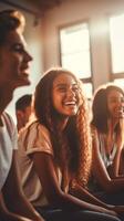 AI generated A group of people are sitting in a circle and laughing. Scene is happy and friendly. photo