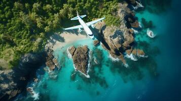 AI generated top view of the plane flying over the ocean and  tropical islands photo