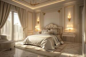 AI generated design of a modern expensive hotel room in light colors with white linens, gold fittings and lamps photo