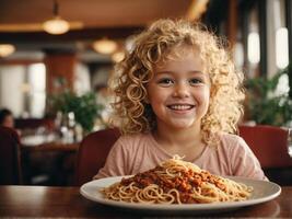 AI generated a young girl with curly hair is smiling while holding a plate of spaghetti photo