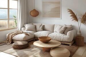 ai generado interior diseño de un acogedor moderno vivo habitación en beige tonos en el estilo de un granero casa foto