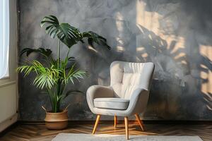 AI generated Gray cozy armchair against the wall near the window, minimalist living room interior in boho style photo