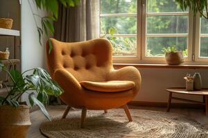 ai generado amarillo Sillón cerca el café mesa por el ventana, interior diseño de un moderno vivo habitación en boho estilo foto