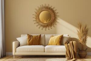 AI generated Designer gold mirror in the shape of the sun on the wall in a bright living room photo