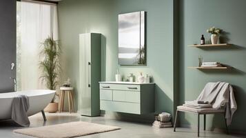 AI generated bathroom interior in a minimalistic style in the color of sage leaves photo