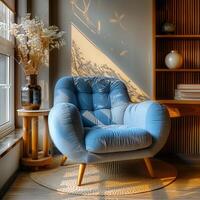 AI generated blue armchair near the coffee table by the window, interior design of a modern living room in boho style photo