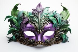 AI generated Purple and green Mardi Gras mask with feathers on a white isolated background photo