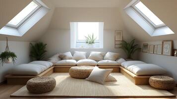 AI generated attic interior design in white and brown tones in Scandinavian style photo