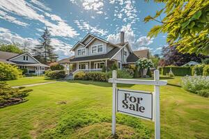 AI generated A beautiful modern country house for sale with a For Sale sign in front of the house photo