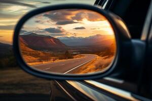 ai generado un ampliado o de cerca imagen de un coche frente espejo con un hermosa ver de paisajes foto