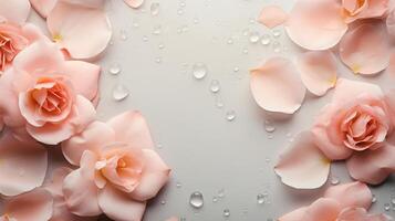 AI generated Background with peach-colored rose petals, flowers and water drops on a concrete background. Love, Valentine's Day, International Women's Day photo