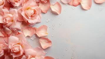 AI generated Background with peach-colored rose petals, flowers and water drops on a concrete background. Love, Valentine's Day, International Women's Day photo