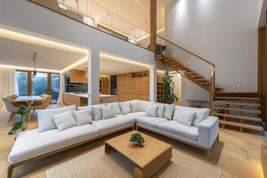 ai generado interior diseño de un moderno país casa. asientos zona con sofá debajo de madera escalera foto