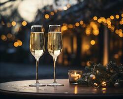 ai generado dos lentes de champán en un mesa con Navidad luces foto