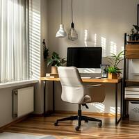 AI generated design of a workspace in the corner of a room with a modern desk, chair and computer photo