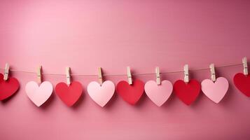 AI generated paper hearts on clothespins on a pink background. Valentine's Day background photo