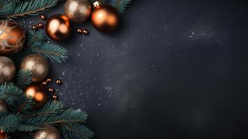 AI generated minimalistic background with copper decorations - Christmas balls, pine branches and cones on a dark gray background photo