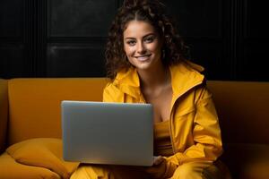 AI generated woman with a beautiful smile in a yellow jacket holding a laptop photo