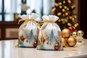 AI generated Reusable fabric gift bags with festive prints photo