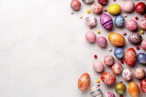 AI generated Colorful Easter Egg side border over a pastel background. photo