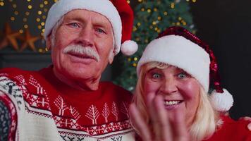 Mature couple family in Santa Claus hats celebrating Christmas looking at camera and hugging at home video