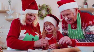 mayor familia abuela, abuelo, nieta preparando, Cocinando hecho en casa Navidad Galleta video