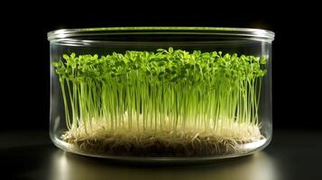 AI generated Young edible sprouts in a clear container, symbol of health food. Fresh microgreens. On black background. Concept of healthy eating, urban gardening, sustainable food, plant growth photo