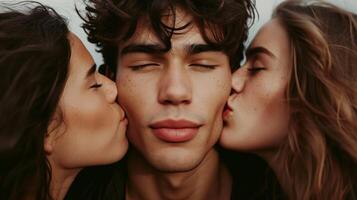 AI generated Two brunette women kissing brunette man on the cheeks. Concept of love, affection, romantic relationships, love triangle, intimate moments, emotional intimacy. Close up photo