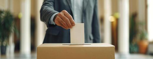 ai generado masculino mano colocación un votación dentro un votación caja a un votación lugar. votante. medio Envejecido hombre votación. concepto de democracia, elecciones, libertad. americano presidencial elecciones. amplio bandera. foto