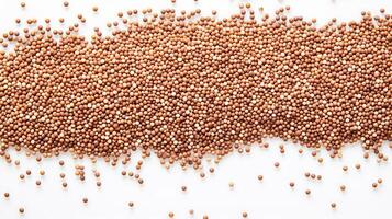 AI generated Scattered mustard seeds on a white surface. Concept of food preparation, organic ingredients, and flavoring. Spice. Top view. photo