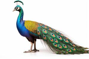 AI generated Vibrant peacock displaying plumage, isolated on white backdrop. Concept of animal elegance, bird showcasing, detailed plumage, and wildlife photo