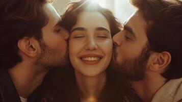 AI generated Caucasian brunette woman with closed eyes being kissed by men. Concept of love, affection, romantic relationships, love triangle, intimate moments, and emotional intimacy. photo