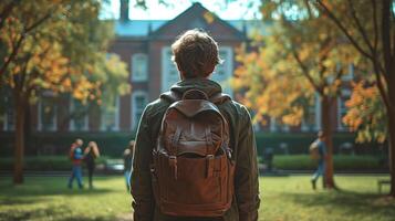 AI generated Young male student with backpack facing a college building. A refugee man. Concept of new beginnings, immigrant education, refugee integration, and academic aspiration. photo