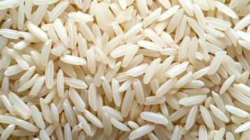AI generated Close up of uncooked white rice grains, detailed texture. Top view. Background. Concept of uncooked food, dietary staple, cereal grain, and agricultural product photo