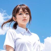 ai generado anime niña con blanco camisa y azul cielo antecedentes foto