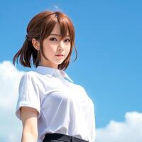 AI generated Anime girl with  white shirt and blue sky background photo