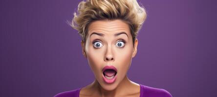 AI generated Shocked blonde lady, open mouth, wide eyes. Concept of shock, unexpected news, pleasant sale or offer, joyful reaction, promotional content. Purple backdrop. Wide banner with copy space photo