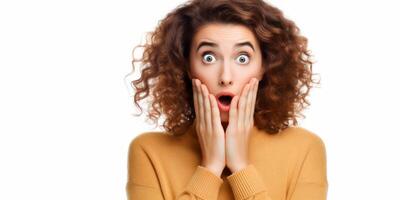 AI generated Shocked woman with hands on cheeks, open mouth, wide eyes. Concept of shock, unexpected news, pleasant sale or offer, joyful reaction, promotional content. White background. Wide banner photo