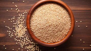 AI generated Dry couscous grains in wooden serve ware. Concept of North African diet, versatile cooking, and whole grain nutrition. Top view. photo