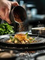 AI Generated Chef meticulously adding sauce to a scallop entree, finalizing the dish photo