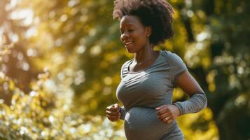 AI Generated Joyful pregnant woman maintaining fitness with a morning run in the park. photo