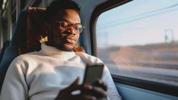 AI Generated African man deeply focused on his smartphone while traveling on a train photo