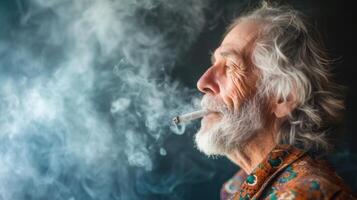 ai generado más viejo hombre en estampado camisa, de fumar pensativamente un medicinal embotar foto