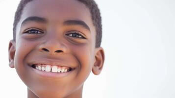 AI Generated Close-up of a cheerful African boy smiling brightly outdoors photo