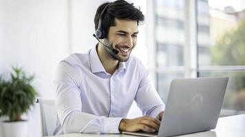 AI generated a smiling man wearing a headset and smiling while using a laptop photo