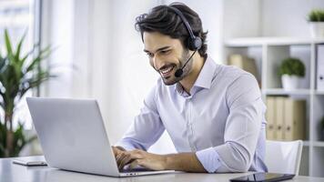 AI generated a smiling man wearing a headset and smiling while using a laptop photo