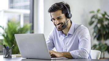 AI generated a smiling man wearing a headset and smiling while using a laptop photo