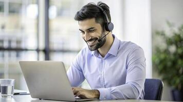 AI generated a smiling man wearing a headset and smiling while using a laptop photo